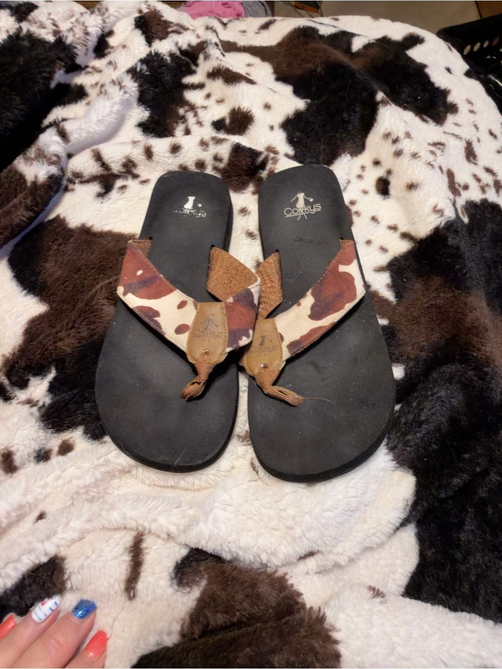 Corkys Brown and Cream Cowhide Pattern Thong Sandals